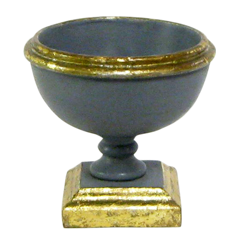 Wooden Footed Bowl Small Dark Blue Grey w/ Antique Gold Bougainvillea