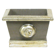 Load image into Gallery viewer, [WMRPM-DS-RHDNBHDW] Wooden Mini Rect Container w/ Medallion Dark Grey w/ Silver - Roses White, Brunia Natural Brunia, Hydrangea Natural Blue &amp; White
