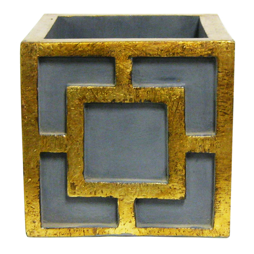 Wooden Square Container w/ Square - Dark Blue Grey w/ Antique Gold