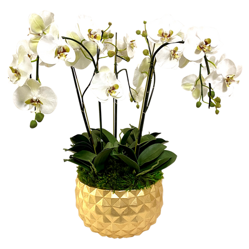 Resin Geo Bowl Gold Leaf - Artificial Orchids White & Green