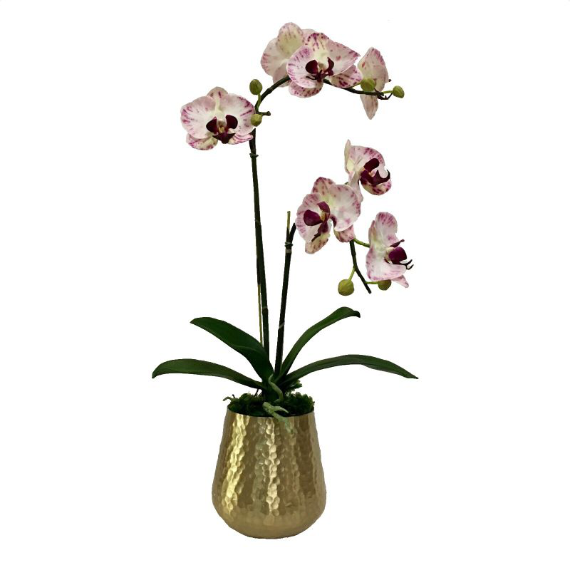 Gold Metal Hammered Vase Large White & Purple Double Orchid Artificial Bougainvillea