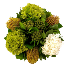 Load image into Gallery viewer, [RND-C-BKMHDBHDW] Round Resin Container Champagne - Banksia Munzi Basil &amp; Hydrangea White Basil
