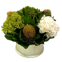 Load image into Gallery viewer, Round Resin Container Champagne - Banksia Munzi Basil &amp; Hydrangea White Basil
