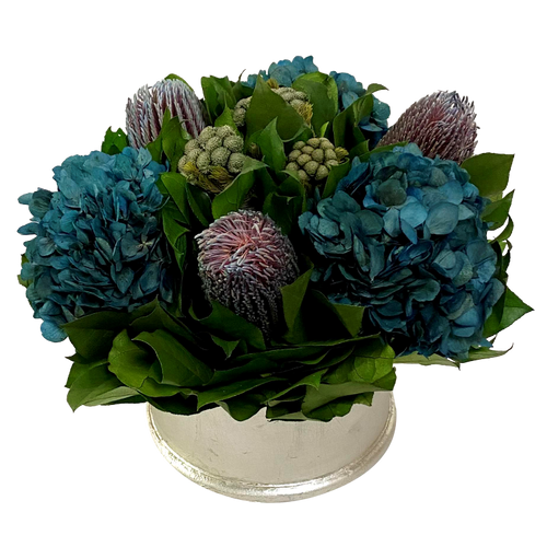 Round Resin Container Silver - Banksia Munzi Blue & Hydrangea Natural Blue