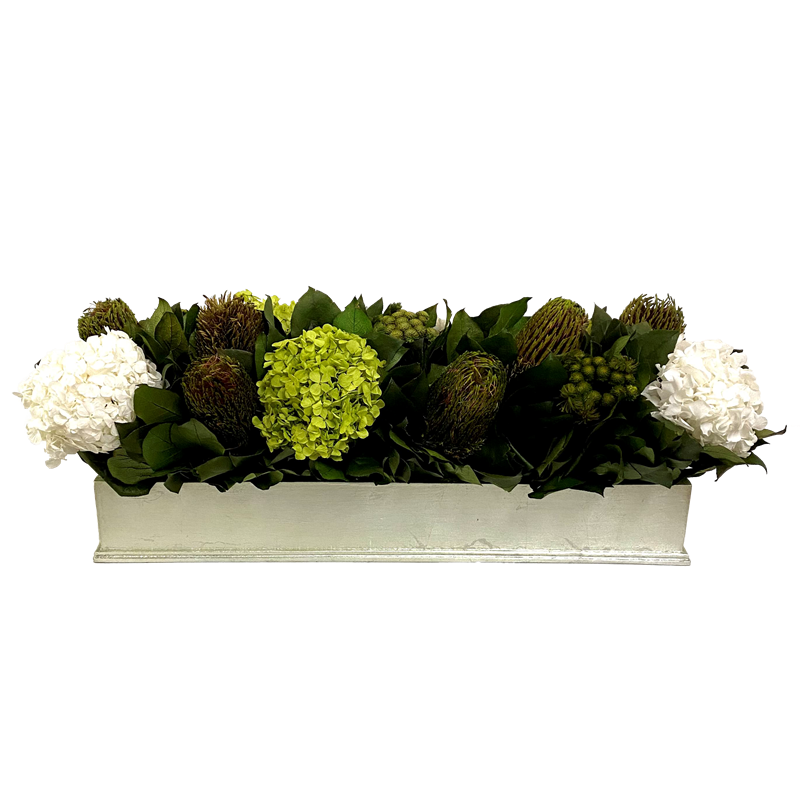 Rect Long Champagne Leaf Container - Banksia Manzi & Hydrangea Basil White