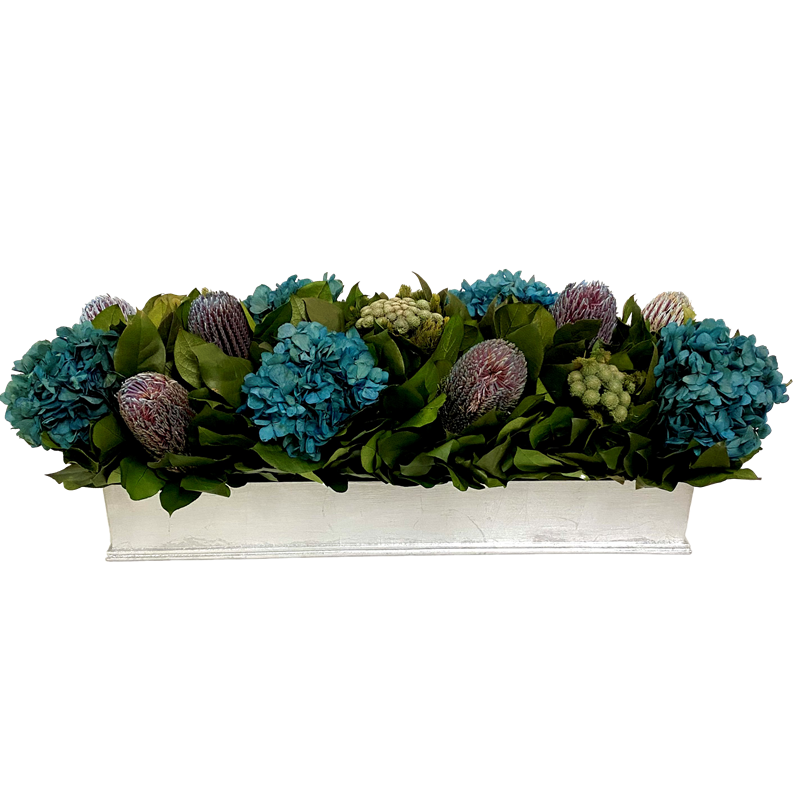 Rect Long Silver Leaf Container - Banksia Manzi Blue & Hydrangea Natural Blue