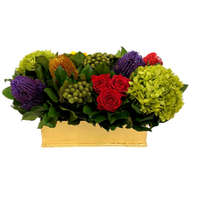 Load image into Gallery viewer, Small Rect Container Gold Leaf - Multicolor Roses Red Yellow Hydrangea Basil Manzi
