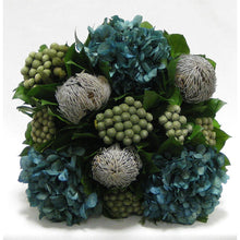 Load image into Gallery viewer, [WC5B-BKBRHDNB] Wooden Cube Container Brown Stain - Banksia Lt Grey, Brunia Nat &amp; Hydrangea Natural Blue
