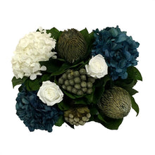 Load image into Gallery viewer, [WMRPM-DS-RHDNBHDW] Wooden Mini Rect Container w/ Medallion Dark Grey w/ Silver - Roses White, Brunia Natural Brunia, Hydrangea Natural Blue &amp; White
