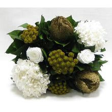 Load image into Gallery viewer, [WMRPM-GG-RBKGOHDW] Wooden Mini Rect Container Grey Green - Roses White, Banksia Gold, Brunia Gold &amp; Hydrangea White
