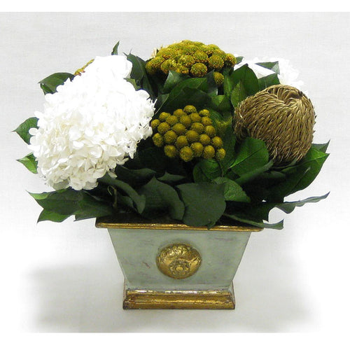 Wooden Mini Rect Container Grey Green - Roses White, Banksia Gold, Brunia Gold & Hydrangea White
