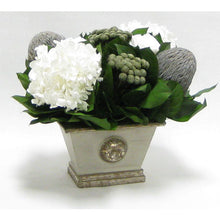 Load image into Gallery viewer, [WMRPM-GS-RBKBRHDW] Wooden Mini Rect Container Gray Silver - Roses White, Banksia Lt Gray, Brunia Nat &amp; Hydrangea White

