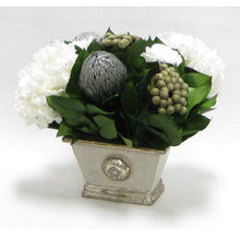 Load image into Gallery viewer, [WMRPM-GS-RBKSIHDW] Wooden Mini Rect Container Gray Silver - Roses White, Banksia Silver, Brunia Natural &amp; Hydrangea White
