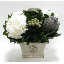 Load image into Gallery viewer, Wooden Mini Rect Container Gray Silver - Roses White, Banksia Silver, Brunia Natural &amp; Hydrangea White

