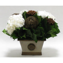 Load image into Gallery viewer, Small Wooden Rect w/Medallion Container Patina Distressed w/Bronze - Roses White, Banksia Bronze, Brunia Brown &amp; Hydrangea
