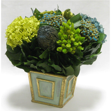 Load image into Gallery viewer, [WMSP-GG-HDBHDNB] Wooden Mini Square Container Gray/Green - Banksia, Pharalis &amp; Hydrangea Basil &amp; Natural Blue
