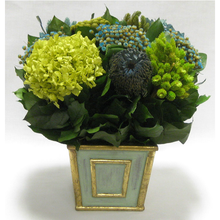 Load image into Gallery viewer, Wooden Mini Square Container Gray/Green - Banksia, Pharalis &amp; Hydrangea Basil &amp; Natural Blue
