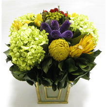 Load image into Gallery viewer, Wooden Mini Square Container Gray/Green - Clover Flower Multicolor, Protea Yellow &amp; Hydrangea Basil
