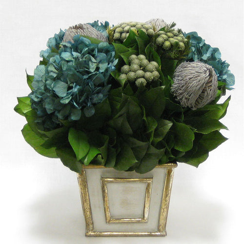 Wooden Short Rect. Container Antique Silver - Banksia Lt Grey, Brunia Nat & Hydrangea Natural Blue