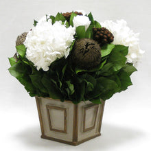 Load image into Gallery viewer, [WMSP-PD-RBKBZHDW] Small Wooden Square Container Patina Distressed w/ Bronze - Roses White, Banksia Bronze, Brunia Brown &amp; Hydrangea White
