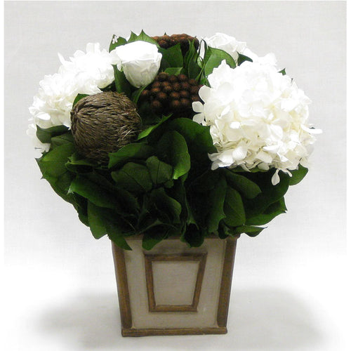 Small Wooden Square Container Patina Distressed w/ Bronze - Roses White, Banksia Bronze, Brunia Brown & Hydrangea White