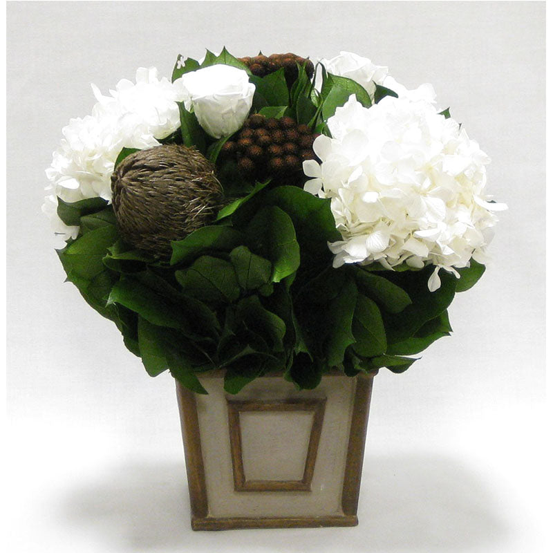 Small Wooden Square Container Patina Distressed w/ Bronze - Roses White, Banksia Bronze, Brunia Brown & Hydrangea White