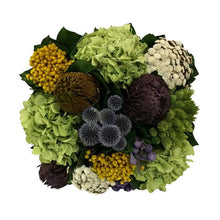 Load image into Gallery viewer, [WMSPI-DG-ECHDB] Wooden Mini Square Container w/ Inset Dark Blue Grey w/ Gold - Echinops w/Banksia, Brunia, Pharalis &amp; Hydrangea Basil
