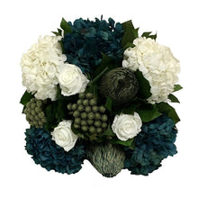 Load image into Gallery viewer, [WMSPI-DS-RHDNBHDW] Wooden Mini Square Container w/ Inset Dark Grey w/ Silver - White, Brunia Natural Brunia, Hydrangea Natural Blue &amp; White
