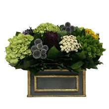 Load image into Gallery viewer, Wooden Rect. Container Dark Blue Grey w/ Gold - Echinops w/Banksia, Brunia, Pharalis &amp; Hydrangea Basil
