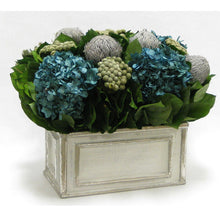 Load image into Gallery viewer, [WRP-GS-BKBRHDNB] Wooden Rect Grey Silver Container - Banksia Lt Grey, Brunia Nat &amp; Hydrangea Natural Blue

