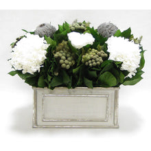 Load image into Gallery viewer, Wooden Rect Grey Silver Container - Roses White, Banksia Lt Grey, Brunia Nat &amp; Hydrangea White
