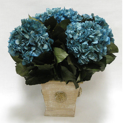 Wooden Square Container w/Medallion Weathered Antique - Hydrangea Natural Blue