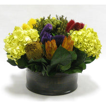 Load image into Gallery viewer, Wooden Short Round Black Container - Clover Flower Multicolor, Protea Yellow &amp; Hydrangea Basil
