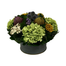 Load image into Gallery viewer, Wooden Short Round Container Dark Blue Grey w/ Gold - Echinops w/Banksia, Brunia, Pharalis &amp; Hydrangea Basil

