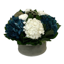 Load image into Gallery viewer, Wooden Short Round Container Dark Grey  w/ Silver - Roses White, Brunia Natural Brunia, Hydrangea Natural Blue &amp; White
