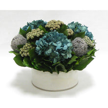 Load image into Gallery viewer, Wooden Short Round Container - Grey w/ Silver - Banksia Gray, Brunia Natural &amp; Hydrangea Natural Blue
