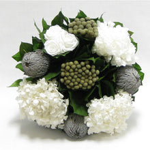 Load image into Gallery viewer, [WSRN-GS-RBKBRHDW] Wooden Short Round Grey Silver Container - Roses White, Banksia Lt. Grey, Brunia Natural &amp; Hydrangea White
