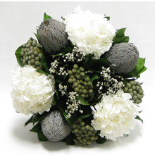 Load image into Gallery viewer, [WSRN-WA-BKGYHDW] Wooden Short Round Natural Container - Banksia Lt. Grey, Brunia Natural, Phylica White &amp; Hydrangea White
