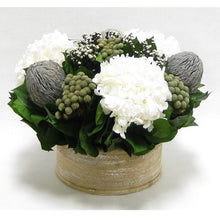 Load image into Gallery viewer, Wooden Short Round Natural Container - Banksia Lt. Grey, Brunia Natural, Phylica White &amp; Hydrangea White
