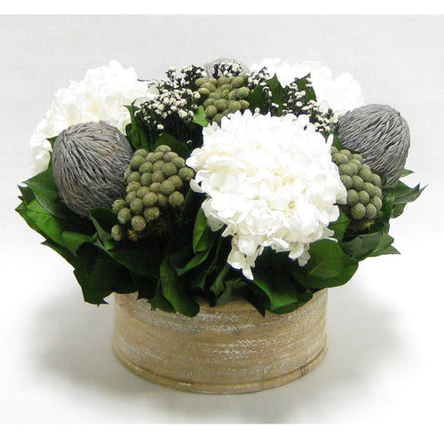 Wooden Short Round Natural Container - Banksia Lt. Grey, Brunia Natural, Phylica White & Hydrangea White