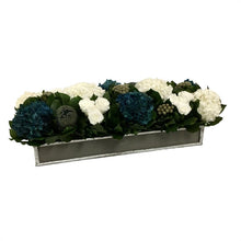 Load image into Gallery viewer, [WSRP-DS-RHDNBHDW] Wooden Short Rect Container Dark Grey w/ Silver - Roses White, Brunia Natural Brunia, Hydrangea Natural Blue &amp; White
