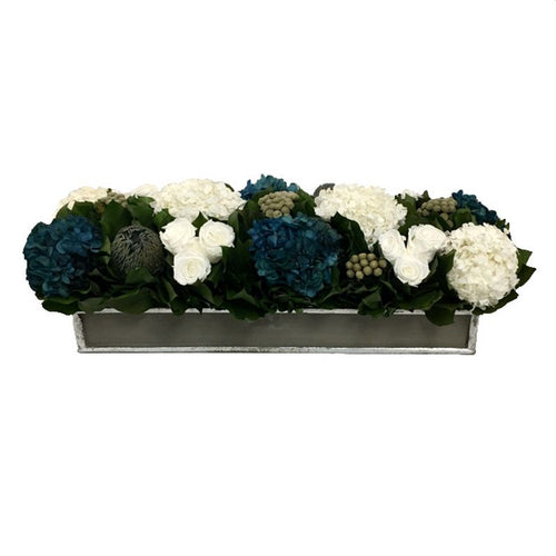 Wooden Short Rect Container Dark Grey w/ Silver - Roses White, Brunia Natural Brunia, Hydrangea Natural Blue & White