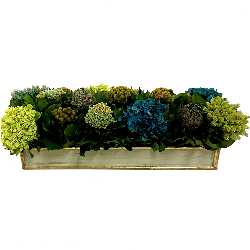 Wooden Rect. Container Grey Green - Banksia, Pharalis, Hydrangea Basil & Natural Blue