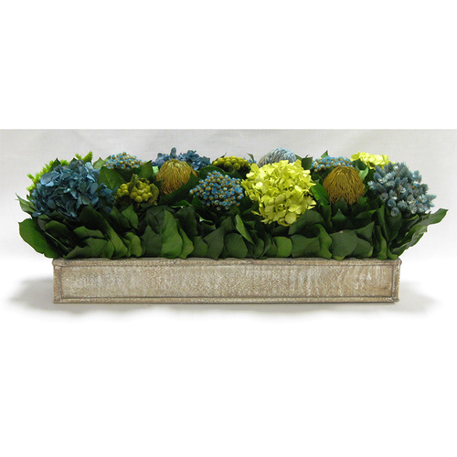 Wooden Short Rect Container Natural - Banksia, Pharalis & Hydrangea Basil & Natural Blue