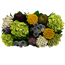 Load image into Gallery viewer, [WSRPS-DG-ECHDB] Wooden Short Rect Container Dark Blue Grey w/ Gold - Echinops w/ Banksia, Brunia, Pharalis &amp; Hydrangea Basil..
