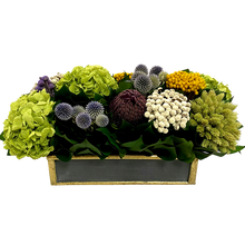 Load image into Gallery viewer, Wooden Short Rect Container Dark Blue Grey w/ Gold - Echinops w/ Banksia, Brunia, Pharalis &amp; Hydrangea Basil..
