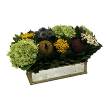Load image into Gallery viewer, [WSRPS-GAM-ECHDB] Wooden Short Rect Container Small Gold w/ Antique Mirror - Echinops w/Banksia, Brunia, Pharalis &amp; Hydrangea Basil
