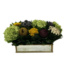 Load image into Gallery viewer, Wooden Short Rect Container Small Gold w/ Antique Mirror - Echinops w/Banksia, Brunia, Pharalis &amp; Hydrangea Basil

