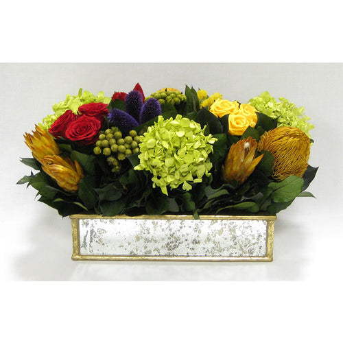 Wooden Short Rect Gold Small w/ Antique Mirror Container - Multicolor w/Clover, Roses, Banksia, Protea & Hydrangea Basil