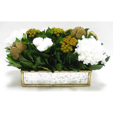 Load image into Gallery viewer, Wooden Short Rect Gold Small w/ Antique Mirror Container - Roses White, Banksia Gold, Brunia Gold &amp; Hydrangea White
